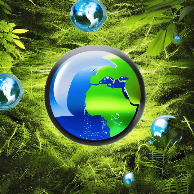 Земля с несколькими деревьями и растениями, стеклянный шар на зеленом мховом фоне природы, генеративный ай