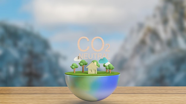 지구 나무 집과 이산화탄소 자연 또는 에코 개념 3d 렌더링을 위한 나무