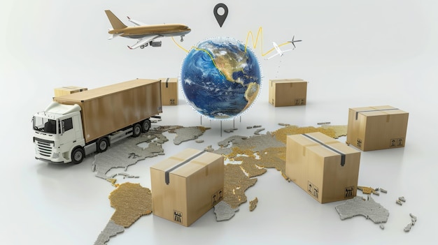 Карта мира окружена картонными коробками грузовой контейнер корабль летающий самолет машина
