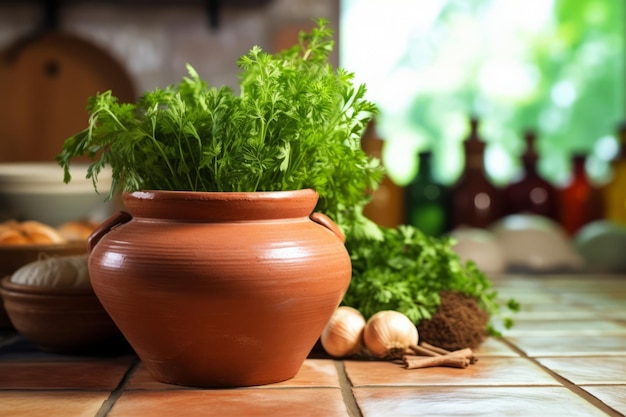 Earthen Clay Pot with Fresh Herbs on a Kitchen