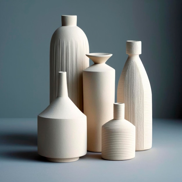 Earthenware Elegance Beige Vases and Bottles on Bicolor Grey Background