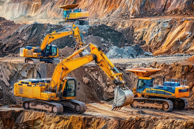 Earthmoving equipment Aerial view of large construction site with several earthmover machines