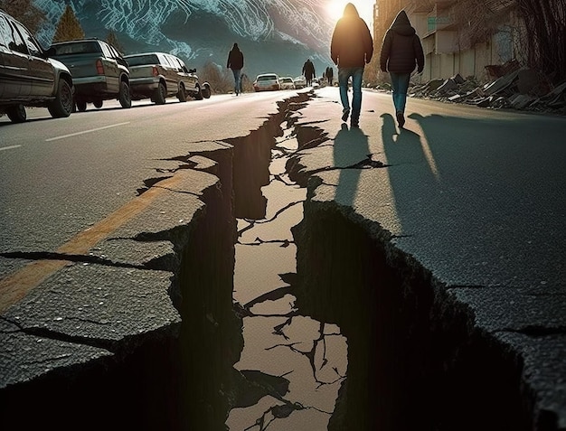 지진 활동 주거 지역 후 도시 손상된 도로 표면에 지진 금이 간 도로