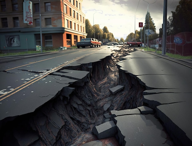 Earthquake cracked road street in city damaged road surface after seismic activity residential area