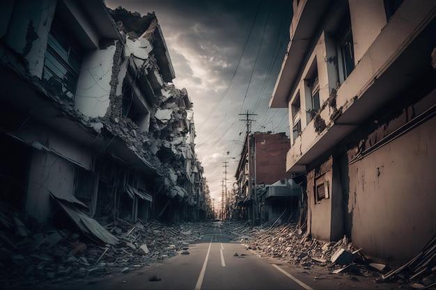 Photo earthquake disaster destruction of city damage and ruins generative ai