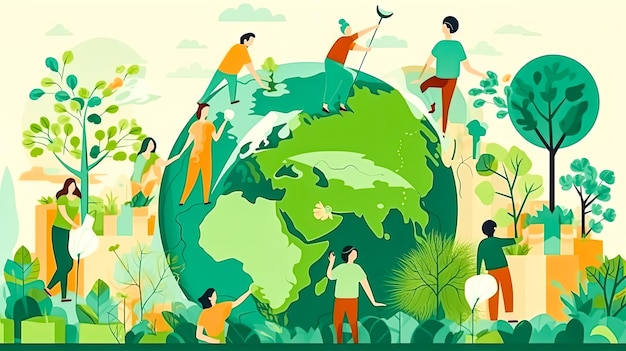 Earths stewards Een diverse groep tegen weelderig groen een visuele ode aan collectieve inspanningen voor natuurbehoud een levendige viering van de Dag van de Aarde