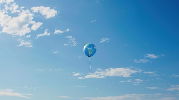 An Earthshaped balloon floating in a clear blue skk