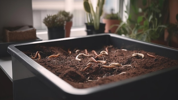 Earthworms and compost bin Worm composting is using worms to recycle food scraps