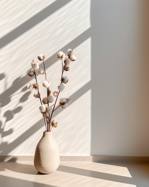 목화 가지 잎 천연 식물과 태양이 있는 단순한 흰색 벽이 있는 흙빛 돌 테이블 꽃병