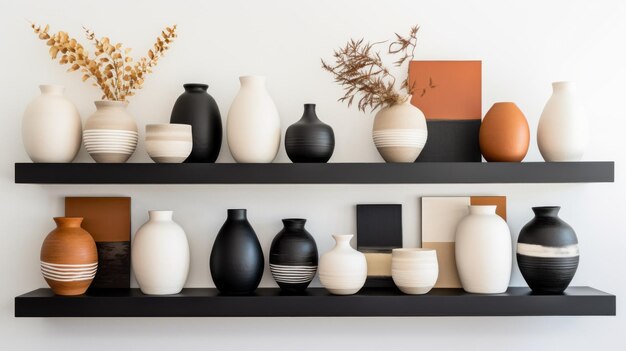 Earthy Colored Vases On Black Shelves