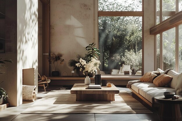 Photo earthy and organic living room decor for relaxatio