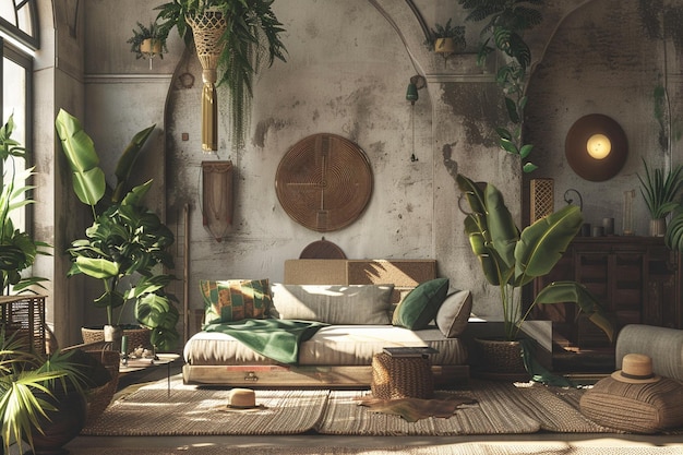 Photo earthy and organic living room decor for relaxatio