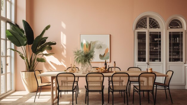 Earthy Palette Dining Room With Pink Walls And Botanical Abundance