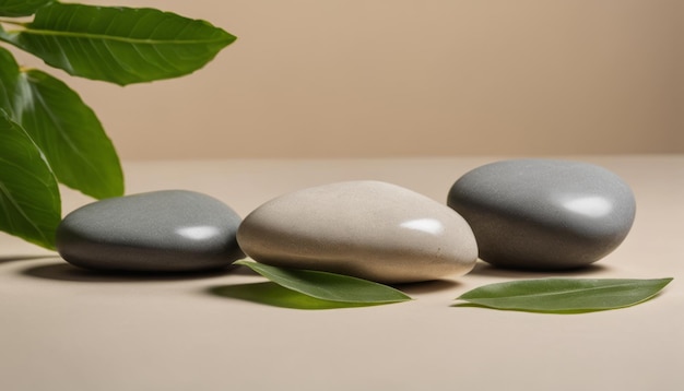 Earthy tranquility A trio of stones and leaves on a soft surface