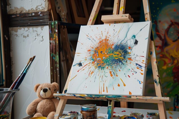 Easel with abstract paint splotches teddy bear nearby