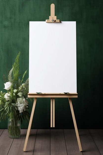 Photo easel with blank canvas and flowers on wooden floor against green wall generative ai