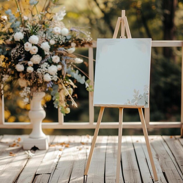 Photo a easel with a blank canvas on a wooden deck