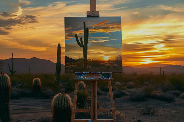 Easel with canvas facing a desert cactus at sunset