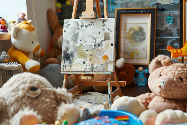 Photo easel with messy canvas among plush toys in room