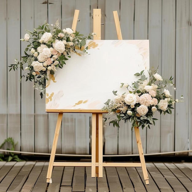 Photo a easel with a sign and flowers on it