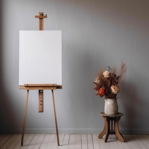 An easel with a white canvas and flowers on it