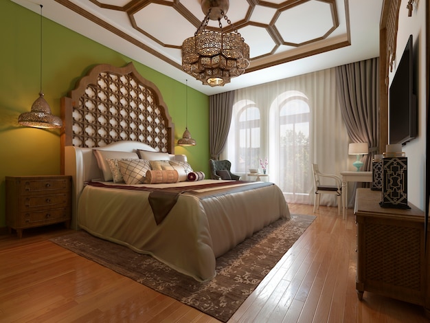 Восточная спальня в арабском стиле с деревянным изголовьем и зелеными стенами. ТВ-блок, туалетный столик, кресло с журнальным столиком.