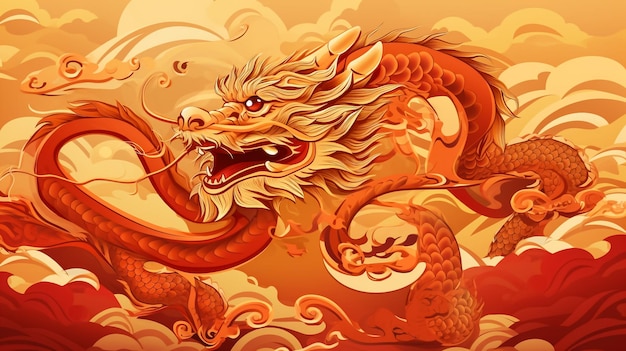 East Golden dragon on red background