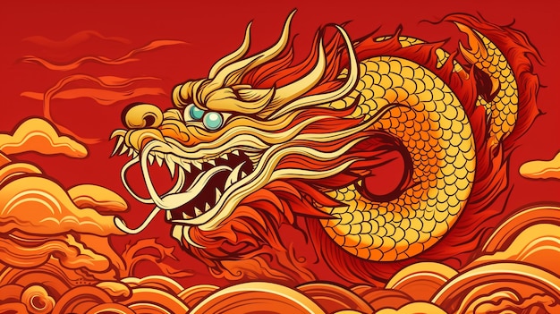 Photo east golden dragon on red background