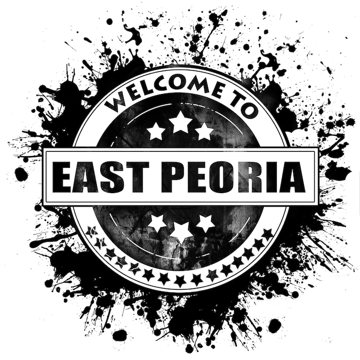 Foto east peoria stad zwarte rubberen postzegel geïsoleerd op een massieve witte achtergrond