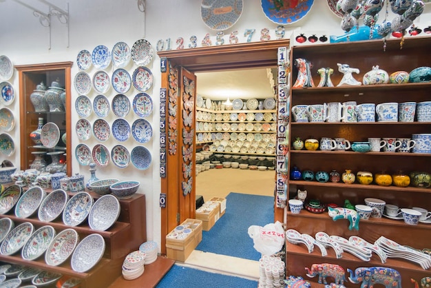 East souvenir shop with a lot of beautiful plates with ornament