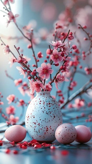 Easte rbackground with speckled eggs and delicate pink blossoms