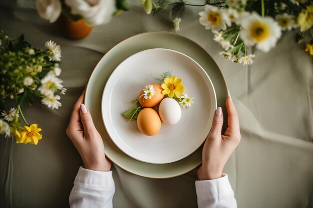 Easter appetizer food table background Easter dinner eggs flowers Happy Easter celebrating