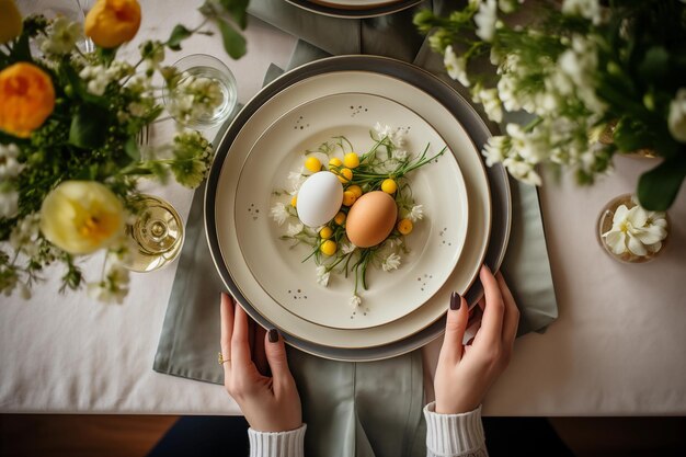 Easter appetizer food table background Easter dinner eggs flowers Happy Easter celebrating