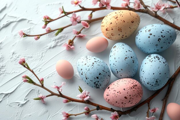 Easter arrangement with willow branch and eggs on white background