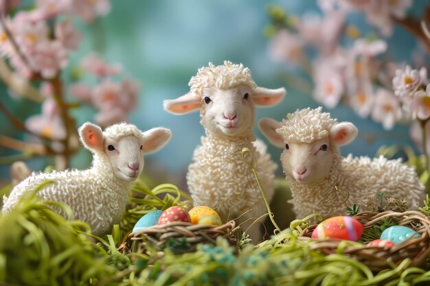 Photo easter art with 3 lambs sheep happy easter