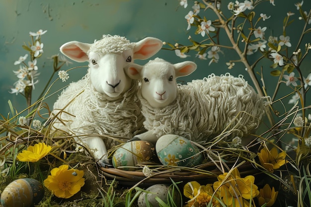 Photo easter art with 3 lambs sheep happy easter