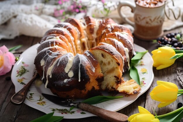 Photo easter babka on the plate a knife beside it