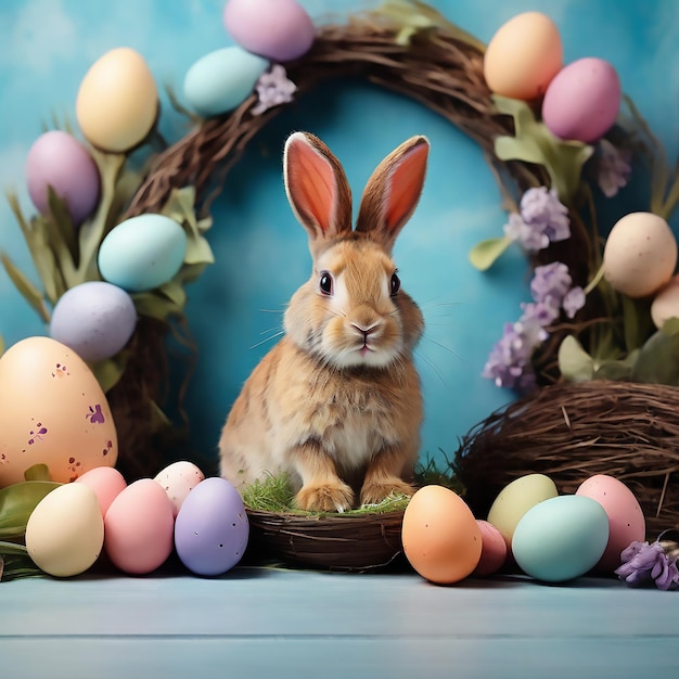 Easter backdrop with bunny and eastern painted eggs