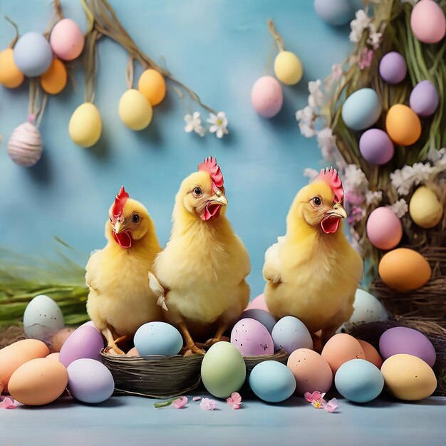 Easter backdrop with chickens and easter painted eggs