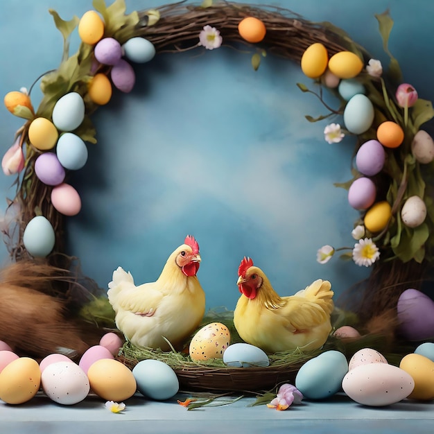 Easter backdrop with chickens and Easter painted eggs