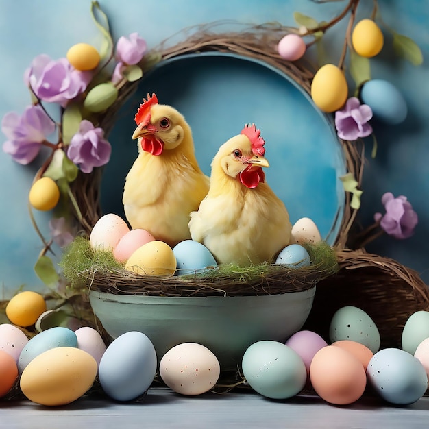 Пасхальный фон с курицами и рисованными пасхальными яйцами