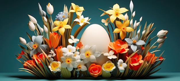 Photo easter background banner flowers and eggs in paper sculpture or paper cut style spring panorama