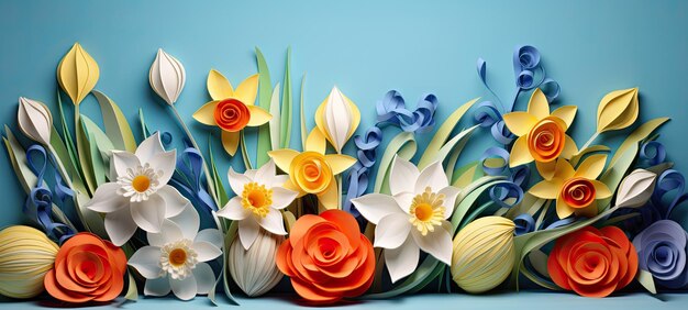 Photo easter background banner flowers and eggs in paper sculpture or paper cut style spring panorama