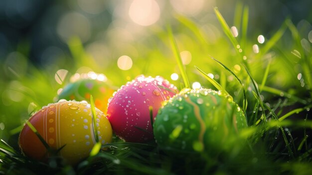 Photo easter background colorful easter eggs hidden in grass