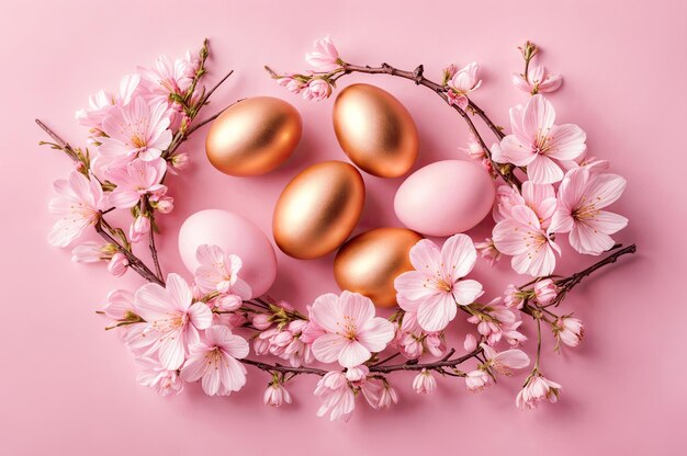 Photo easter background composition of golden eggs and branches of cherry blossomsflat lay copy space