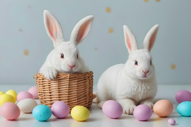 Foto sfondio di pasqua coniglietti bianchi carini di pasqua e uova colorate modello di carta da parati