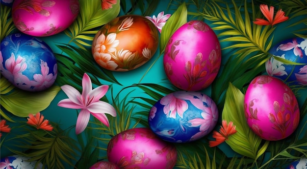 Easter background egg pattern spring leaves and flowers generative ai