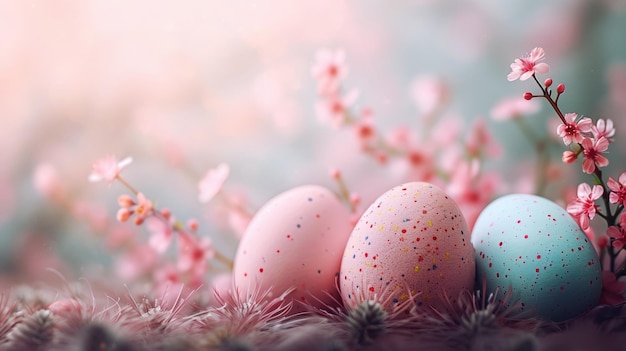 Пасхальный фон окрашенных яиц и мягких розовых цветов на луге