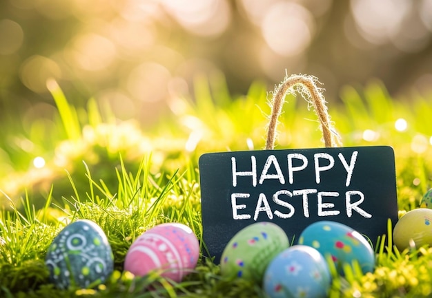 写真 イースターの背景にhappy easter (ハッピーイースター) と書かれています