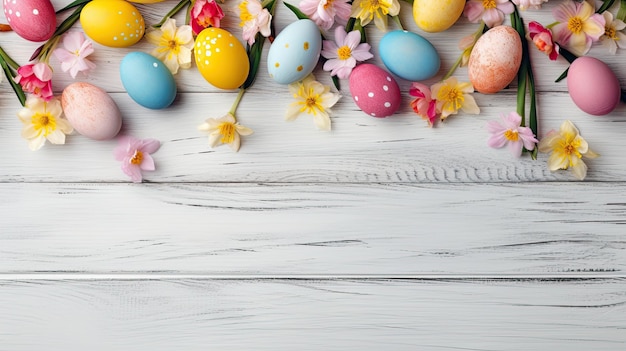 Easter background of white wood with yellow flowers and multicolored eggs copy space on the top view